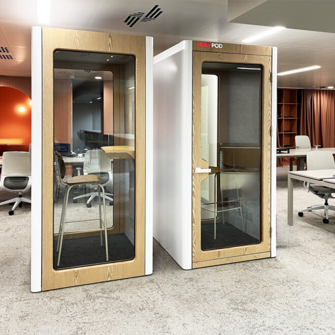Soundproof office booth white lacquered wooden wall
